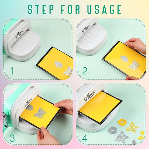 Step-by-step use of Must Have Die Cutting Magnetic Shim Mat Set 6x9 Inch with Card Size Grids and Two Acrylic Cutting Plates for crafting.