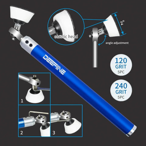 Pro Grade Versatile Carbide Tip Wood Lathe Tool Set With Bowl Sander And Interchangeable Aluminum Handle Includes Four Carbide Inserts For Quick Roughing Finishing Hollowing And Woodturning Projects, showing blue handle and attachments.