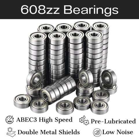 100-pack 608zz bearings, 8x22x7 mm steel with double shields, pre-lubricated for low noise