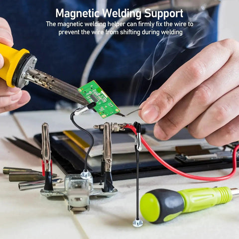 Person using 4 Pack Magnetic Helping Hands Soldering Holders For Welding Projects With Strong Magnetic Bases, Stable Wire Fixation.