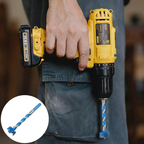 Person holding yellow drill with Hard Alloy Woodworking Drill Bit 25x125mm Extended Thread Hole Opener Blue attached, close-up.