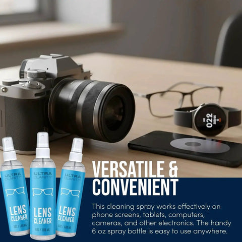 Eyeglass And Lens Cleaning Spray 6 oz 3 Pack Silicone Free Professional Grade, with camera and watch on desk