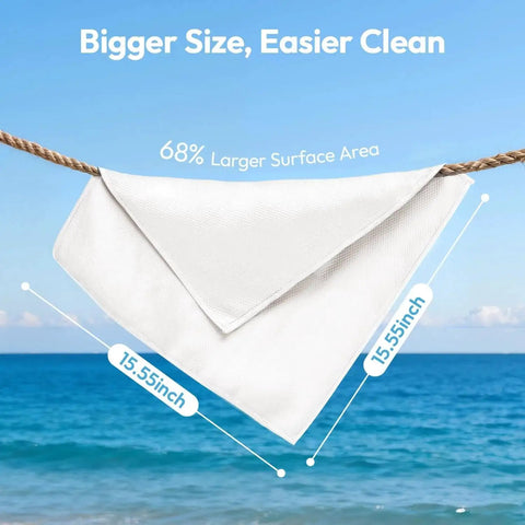Diamond Pattern Microfiber Cloths 12x12 Streak Free Glass Windows Mirrors 6 Pack displayed on a rope over ocean