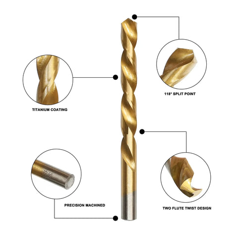 High Quality 99 Piece Drill Bit Set With 135 Degree Titanium Coated HSS Bits For Iron Aluminum Copper Wood And Plastic In A Solid Hard Storage Case 1 Sixteenth Inch To 3 Eighths Inch GMTOOLS, highlighting titanium coating and twist design