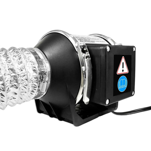 Three Inch Inline Booster Duct Fan With Speed Control attached to tubing, ideal for smoke and odor extraction in small spaces.