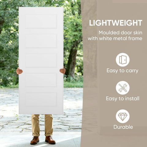 Person holding 5-Panel Bypass Sliding Closet Door With Steel Frame, White Primed Finish, showing lightweight nature for easy carry.