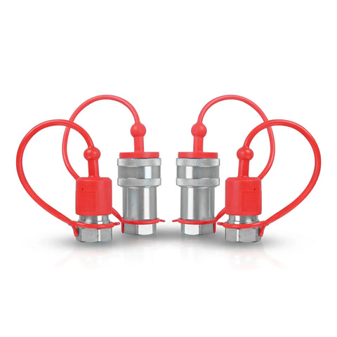 Half Inch Hydraulic Quick Connect Tractor Coupler ISO 7241 A Ball Valve Pioneer Type With Two Dust Caps shown in silver and red design.