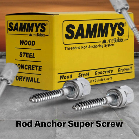 2-1/2 Inch Screw Vertical Threaded Rod Anchor For Wood, DIY Friendly And Easy To Install, No Pre-Drilling Required, Steel With Zinc Finish, 1/4 X 2 Inch Screw Length, Pack Of 100, displayed with box and screws