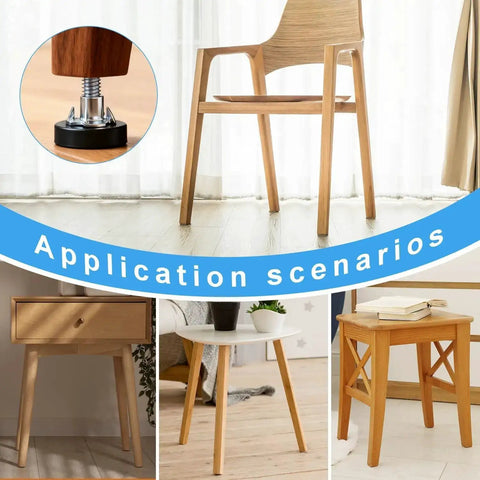 Adjustable One Quarter Inch Thread Leveling Feet With T Nuts 12 Pack installed on wooden furniture in various settings.