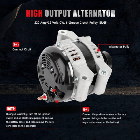 Heavy Duty 220Amp 12V Alternator For Dodge Durango 2011 2015 V6 3.6L For Charger 2011 2016 V6 3.6L Ram 1500 2013 2015 V6 3.6L And Jeep Grand Cherokee 2011 2016 V6 3.6L High Output Replacement With OE Numbers 4801865AC 4210007050 421000705 4210007