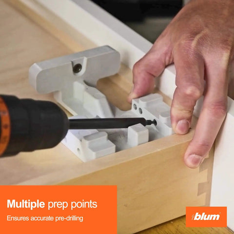 Precision drilling template for concealed undermount drawer runners that simplifies installation, delivering accurate rear-hook and locking-screw hole alignment for fast, tidy, professional drawer assembly being used in woodwork project.