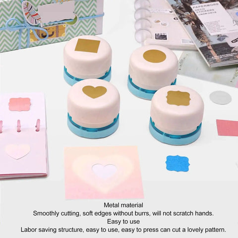 Durable Metal Hole Punch For Paper Crafting DIY Embossing Punches with various shapes on a crafting table