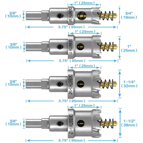 Workhorse 4 Piece Tungsten Carbide TCT Hole Saw Drill Bit Set With Sizes Three Quarters Inch, One Inch, One And A Quarter Inch