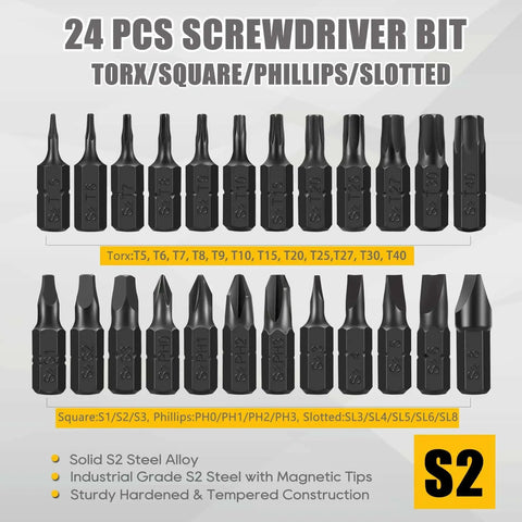 24-piece screwdriver bit set featuring torx, square, phillips, and slotted bits made of S2 steel with magnetic tips.