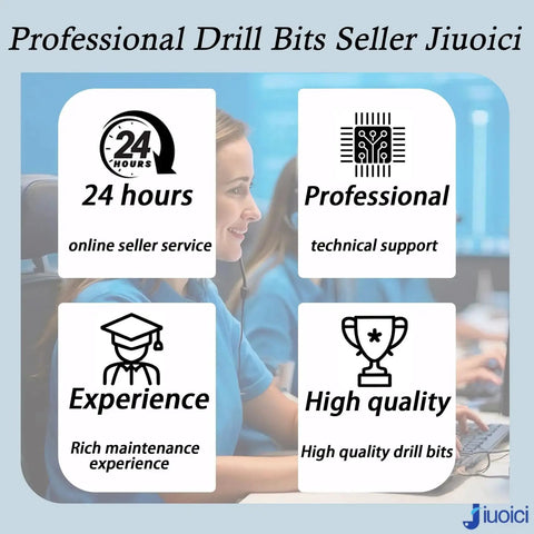 Infographic highlighting professional drill bits seller, featuring 24-hour service, technical support, maintenance experience, and high-quality products.