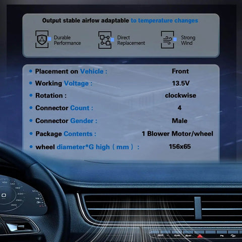 Dashboard view showing specifications for Front Side HVAC Blower Motor With Brushless Design OEM Replacement Direct Fit For GM Trucks