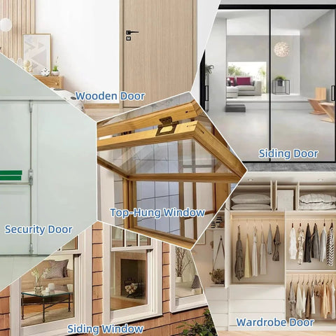 Collage of various door and window types including wooden door, sliding door, security door, top-hung window, and wardrobe door.