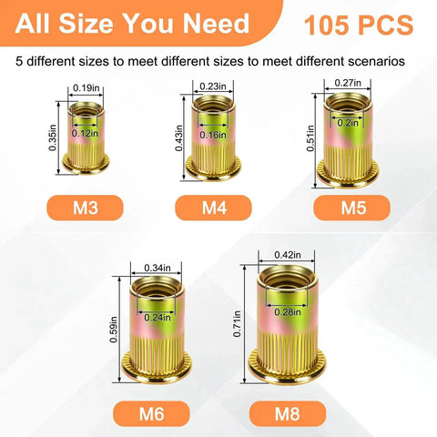 Beefed Up Metric Rivet Nut Assortment Kit 105 Pieces Stainless Steel Rivet Nuts M3 M4 M5 M6 M8 UNC Flat Head Nutserts sizes display