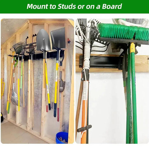 Heavy Duty Garage Tool Organizer With 48 Inch Rails And Six Double Layer Hooks, Wall Mount Storage Rack holding yard tools