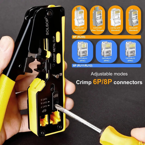 All In One Pass Through RJ45 Crimp Tool Kit With Network Cable Tester showing adjustable modes for 6P and 8P connectors