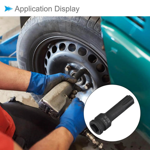 Mechanic using Impact Hex Bit Socket 13mm, 60mm Long, Three Eighths Inch Drive, Chrome Molybdenum Steel on car wheel lug nut.