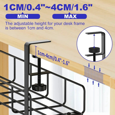 Under Desk Cable Management Tray No Drill Setup Clamp Mount Steel Wire Organizer for Home Office with adjustable clamp view