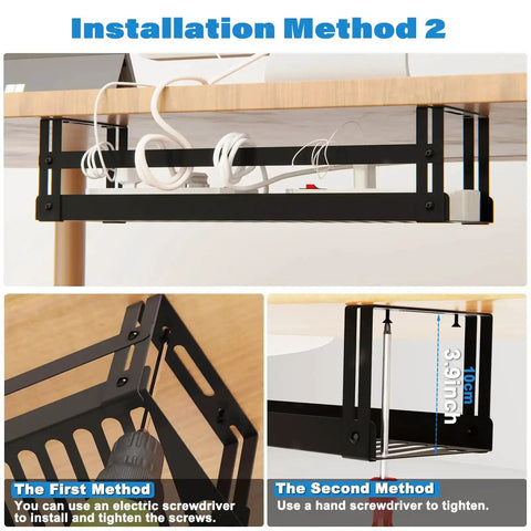 Under Desk Cable Management Tray 17 Inch Metal Wire Organizer for Cords Power Strip Holder and Cable Tamer installation guide