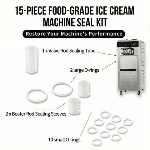 15 Piece Soft Serve Ice Cream Machine Repair Kit With O Rings Gaskets Seals And Tubes Premium Food Grade Silicone Leak Resistant Easy Install All In One For Commercial And Home Use displayed with components on table
