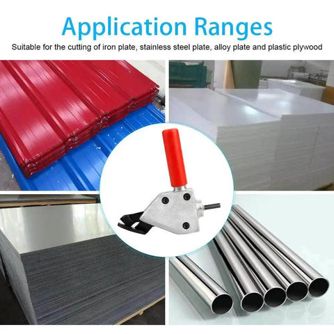 Drill powered sheet metal cutter attachment with quick connect scissor blade for cutting steel, stainless, barbed wire, and metal sheets