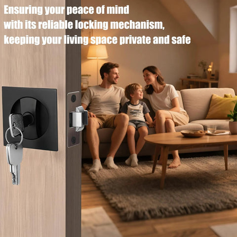 Pocket Door Lock With Key Matte Black Privacy Latch For Sliding Bifold Doors Fits Standard 1 Inch Holes Ideal For Bathroom And Bedroom