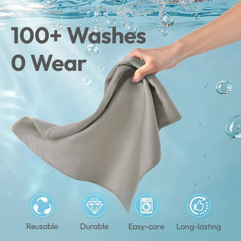 Hand holding Diamond Pattern Microfiber Cloths 12x12 Streak Free Glass Windows Mirrors 6 Pack, highlighting durability and reusability.