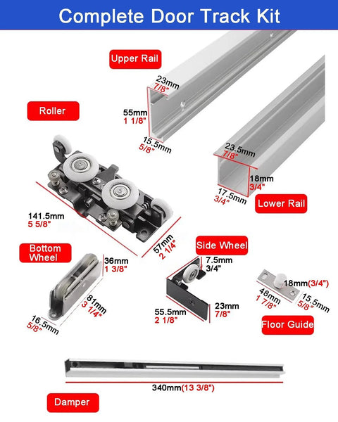 Soft Close Concealed Sliding Barn Door Hardware Kit With Aluminum Bypass Track For Pocket Doors components and dimensions