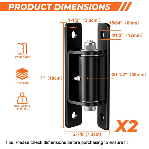 Heavy Duty 7 Inch Gate Hinges, 2 Pack, 1100 lb Capacity, High Strength Steel, Wall Mount for Metal and Wood Gates, Black