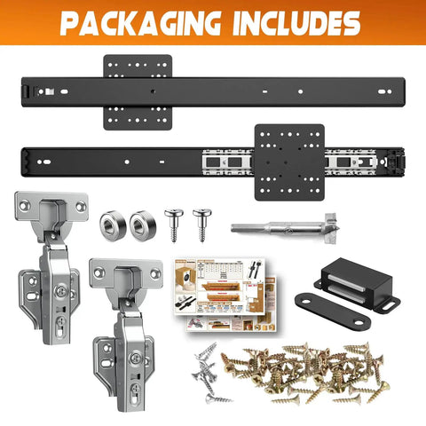 Heavy Duty Cabinet Pocket Door Hardware Set With 22 Inch Slides 45 Pound Capacity Q235 Steel Construction includes screws and guides