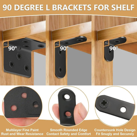 Heavy Duty L Brackets For Shelves 107 Piece Value Set with rustproof metal supports shown installed on wood furniture.
