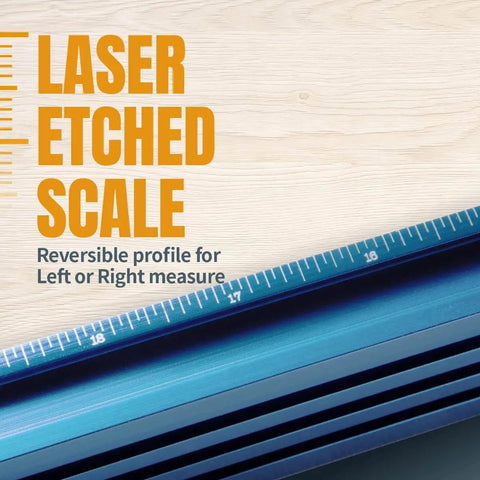 Close-up of 24 inch T Slot Drill Press Fence Kit with laser-etched scale and reversible fence for woodworking precision.