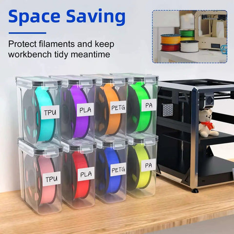 Eight 8 Pack Filament Storage Case For 1.75mm Spools, Airtight Silicone Seal, showcasing TPU, PLA, PETG, PA labels on a shelf