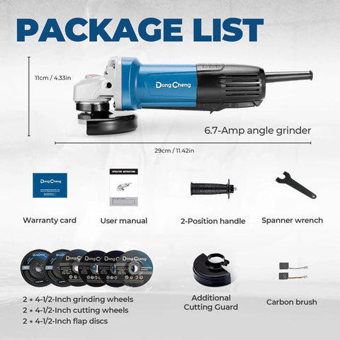 High Power Four And A Half Inch Angle Grinder With 6.7 Amp Copper Motor And 11,800 RPM Paddle Switch For Instant Stop package items