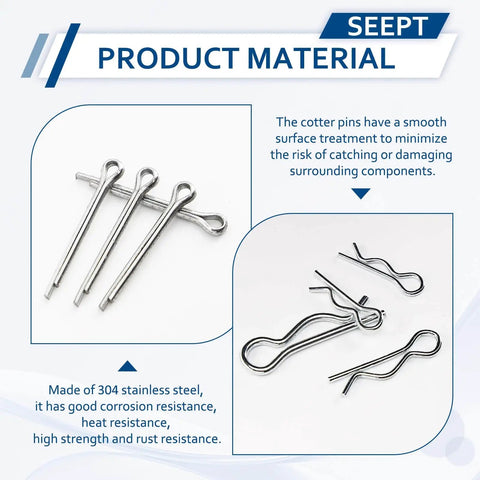 Product material of 558 Piece Cotter Pin Set With 10 Sizes In 304 Stainless Steel R Clips And Hairpin Pins, showing durability details.