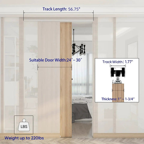 Commercial Grade Pocket Door Hardware And Track Set For 5 Foot Doors, 56.7 Inch Aluminum Box Track installed in wall pocket.