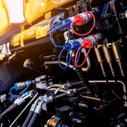 Front view of Tondiamo 10-set hydraulic dust caps and plugs for 1/2 couplings in red, blue, black, yellow, green.