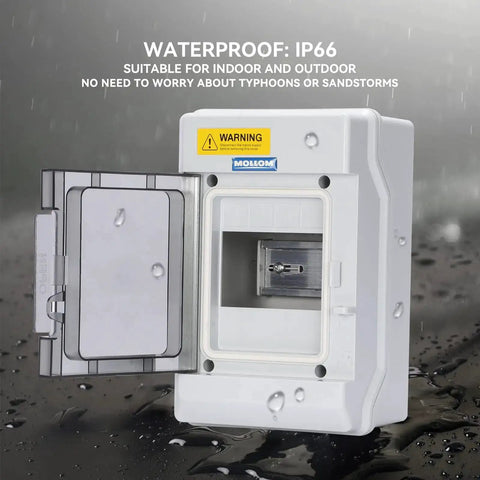 Front view of Four Way Power Distribution Box With Bus Bars And Din Rail For MCB Waterproof IP66 Enclosure.