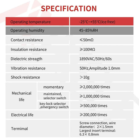 Specification table for 22mm 2 Position Maintained Selector Switch 10A 440V Pack Of 2 Plastic Body Aluminum Head With 4 Terminals.