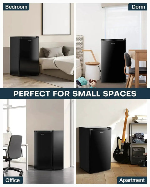 3.2 Cu Ft Single Door Mini Fridge With Freezer For Dorm Office Bedroom Black in various room settings.