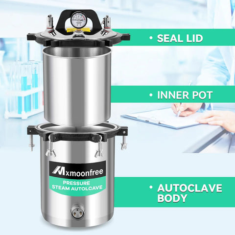 Mxmoonfree 12L lab autoclave, stainless steel portable steam sterilizer with seal lid and pressure gauge, 110V