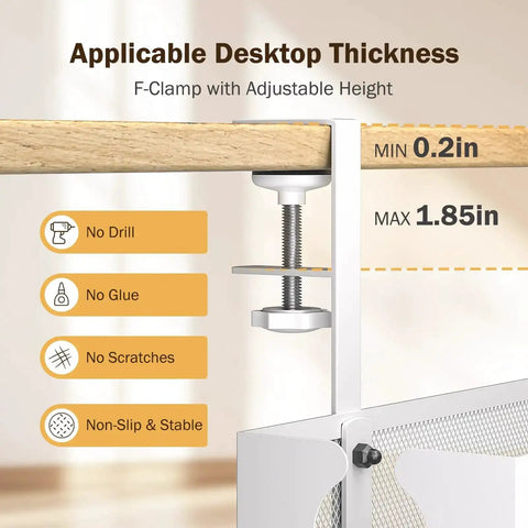 Under Desk Cable Management Tray No Drill Metal Mesh Organizer with F Clamp Mount on wooden desk, showing thickness range.