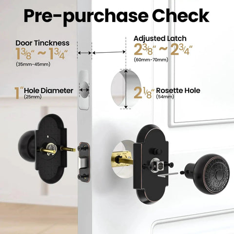 Diagram showing dimensions for Antique Privacy Door Knob With Push Button Lock for Bedroom And Bathroom installation.