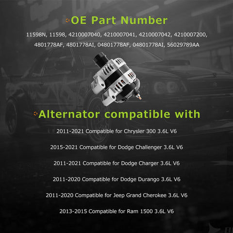 11598N High Output Alternator Replacement For Chrysler 300, Dodge Challenger, Charger, Durango, Jeep Grand Cherokee, And Ram 1500 3.6L V6 2011 Through 2021 OE 4801778AF 56029789AA displayed with compatibility list