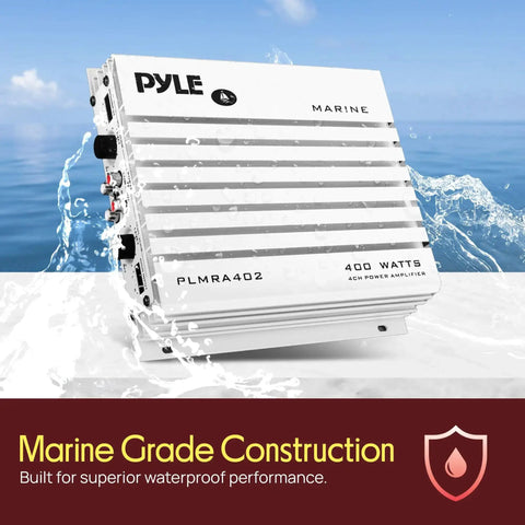 Hydra Marine 400W 4 Channel Amplifier Waterproof with dual MOSFET power supply on water background
