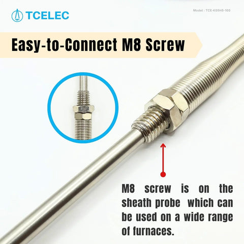 TCELEC K-Type thermocouple sensor probe with stainless steel shaft and M8 screw connection